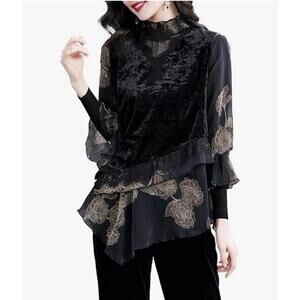 Womens 2XL Crushed Velvet Layered Asymmetrical Mock Neck Lace Romantic Fairy Top